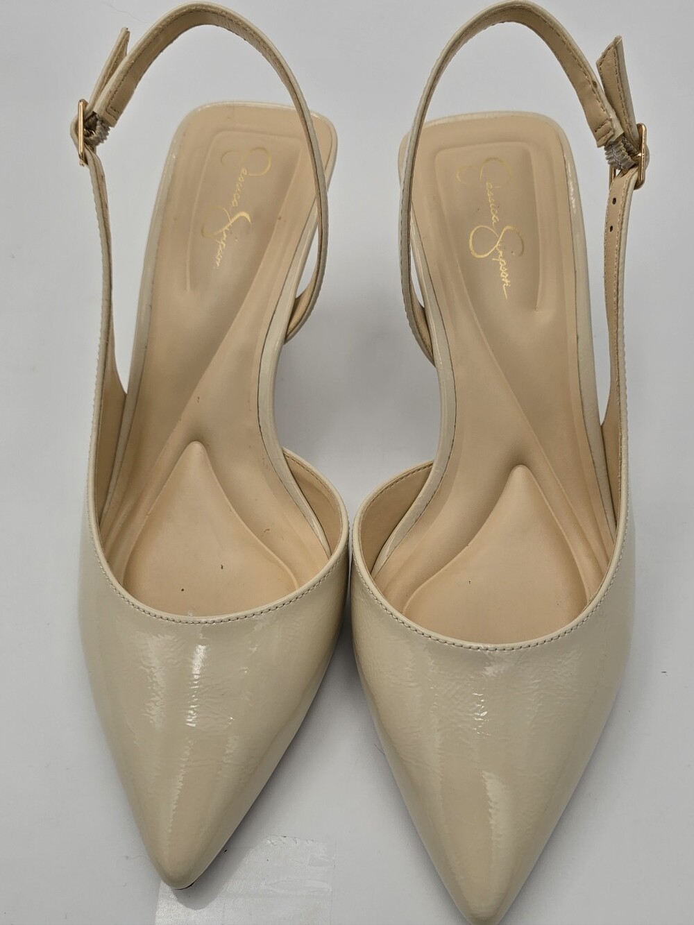 Jessica Simpson Off-White Patent Pointed-Toe Slingback Heels